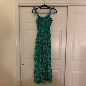 Japan green tropical leaf maxi dress with side cutouts
